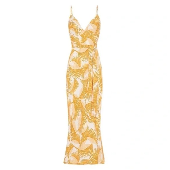 Shona Joy Phoenix Midi Slip Dress in Yellow/ Stone Belted Feather Print Size 6 - Picture 13 of 13